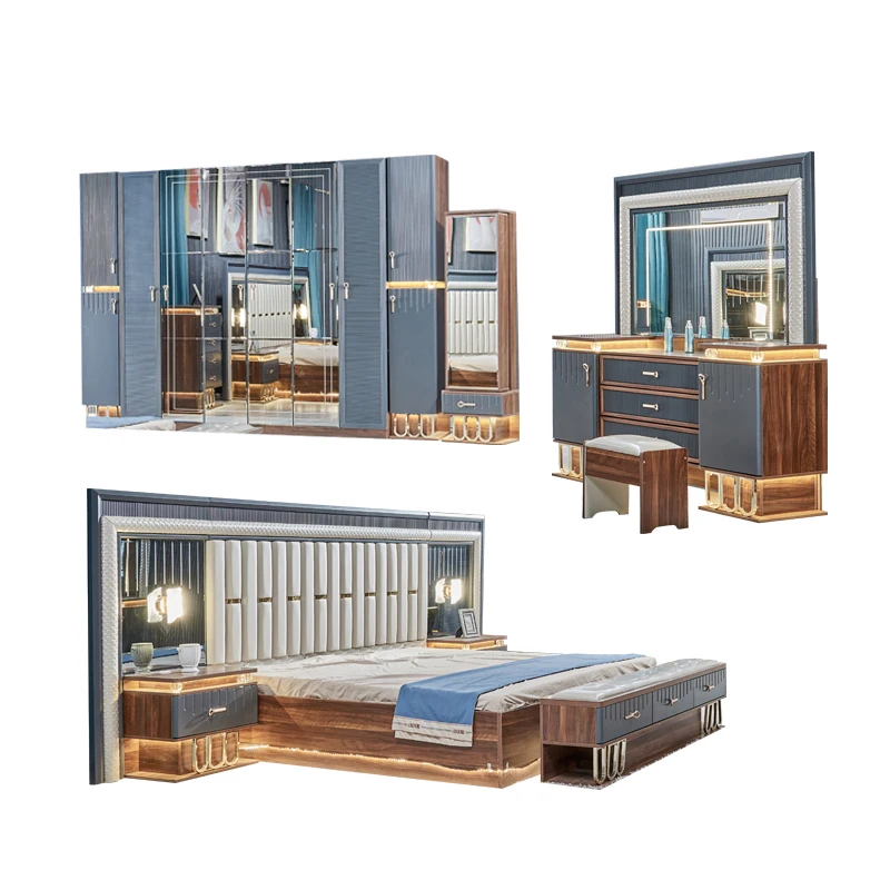 

&Classic Luxury King Size Led Headboard Double Leather Bed Set Wood Frame Modern Design Wooden Full Home Furniture Bedroom Sets