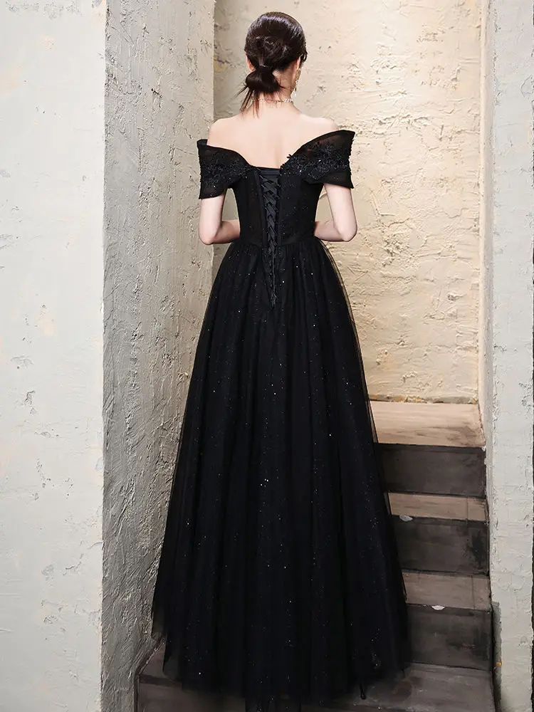 Black Evening Dress High-end Banquet Skirt Light Luxury Suit Student Ceremony Dress Black Dress New Host Sexy Strapless Dress