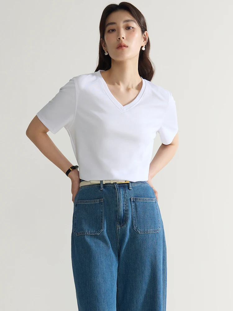 DUSHU Double Neckline Minimalist Atmospheric Anti Fouling T-shirt Fashionable Versatile Summer Top 24DS82510+24DS82511