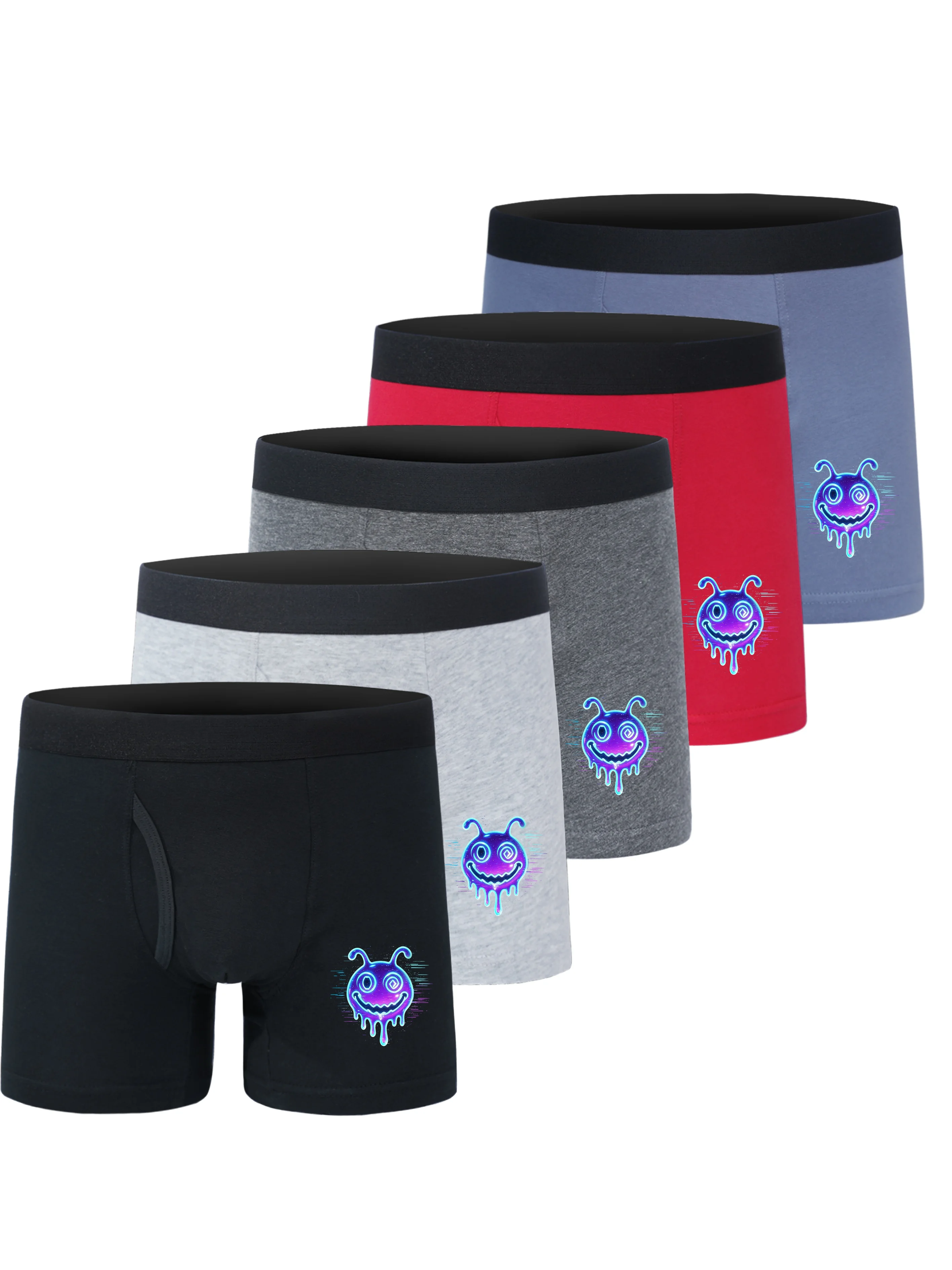 5 Pack Boys Cotton Boxer Briefs Open Fly Neon Gradient Drippy Monster Face Printed Elastic Waist Soft Stretch Breathable Kids Ca