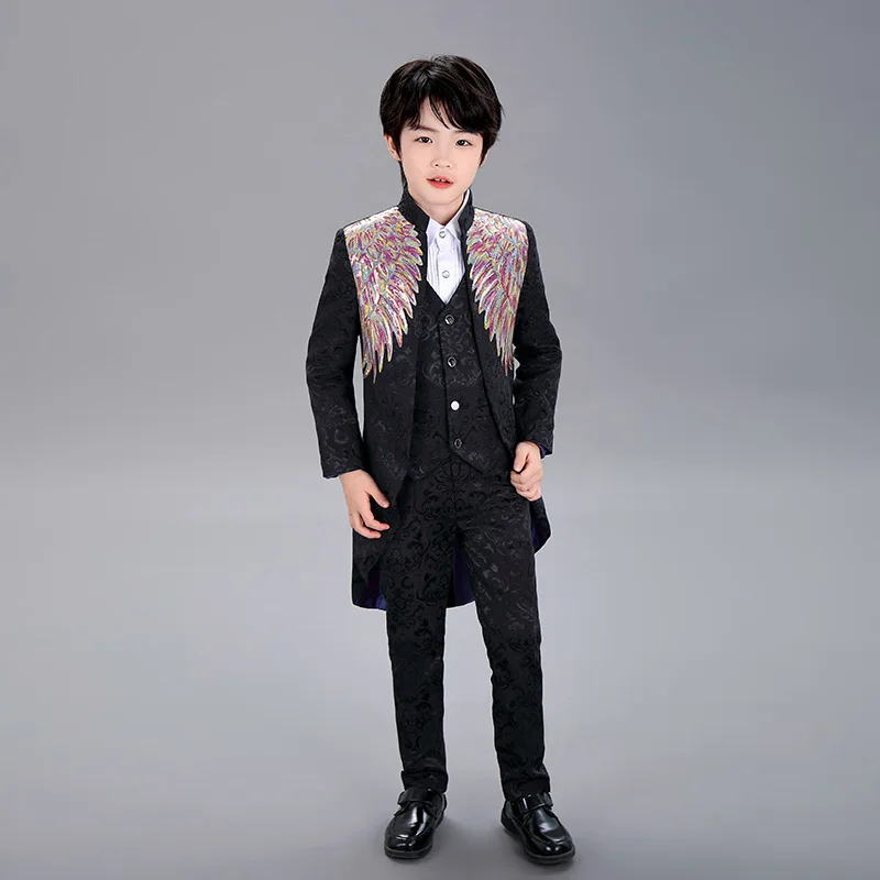 

Men Suits Child Black Jacquard Colored Sequins Dovetail 3-piece Set Stage Catwalk Small Host Boy Piano Performance