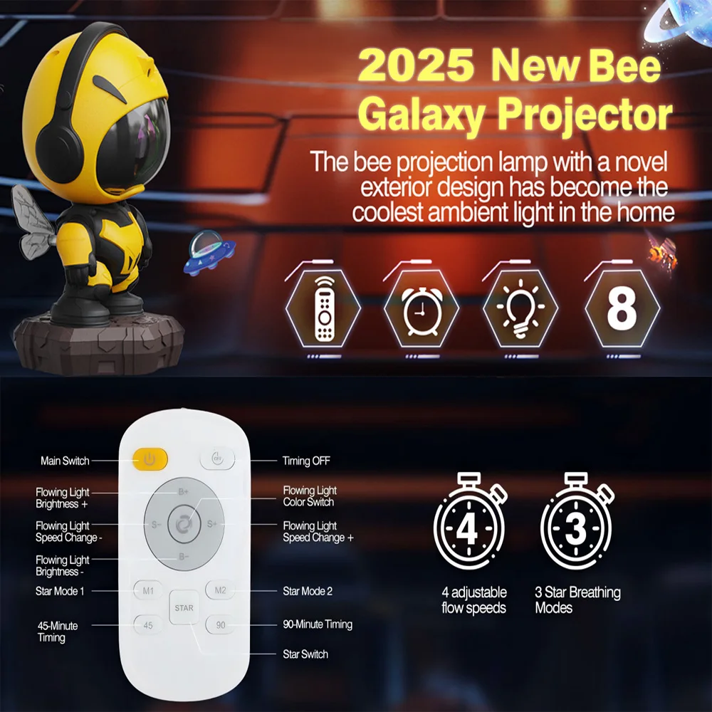 جهاز عرض Bee Galaxy، جهاز عرض Star Galaxy Night Light، مصباح LED للسقف سديم مرصع بالنجوم مع مؤقت وجهاز تحكم عن بعد، ديكور غرفة الأطفال