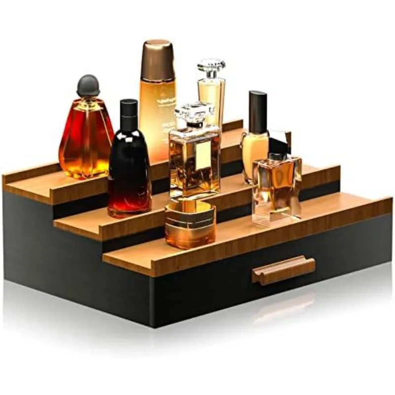 Wooden Cosmetic Organizer with Drawer and Hidden Layer Perfume Display Stand,Step-style Perfume Storage Box