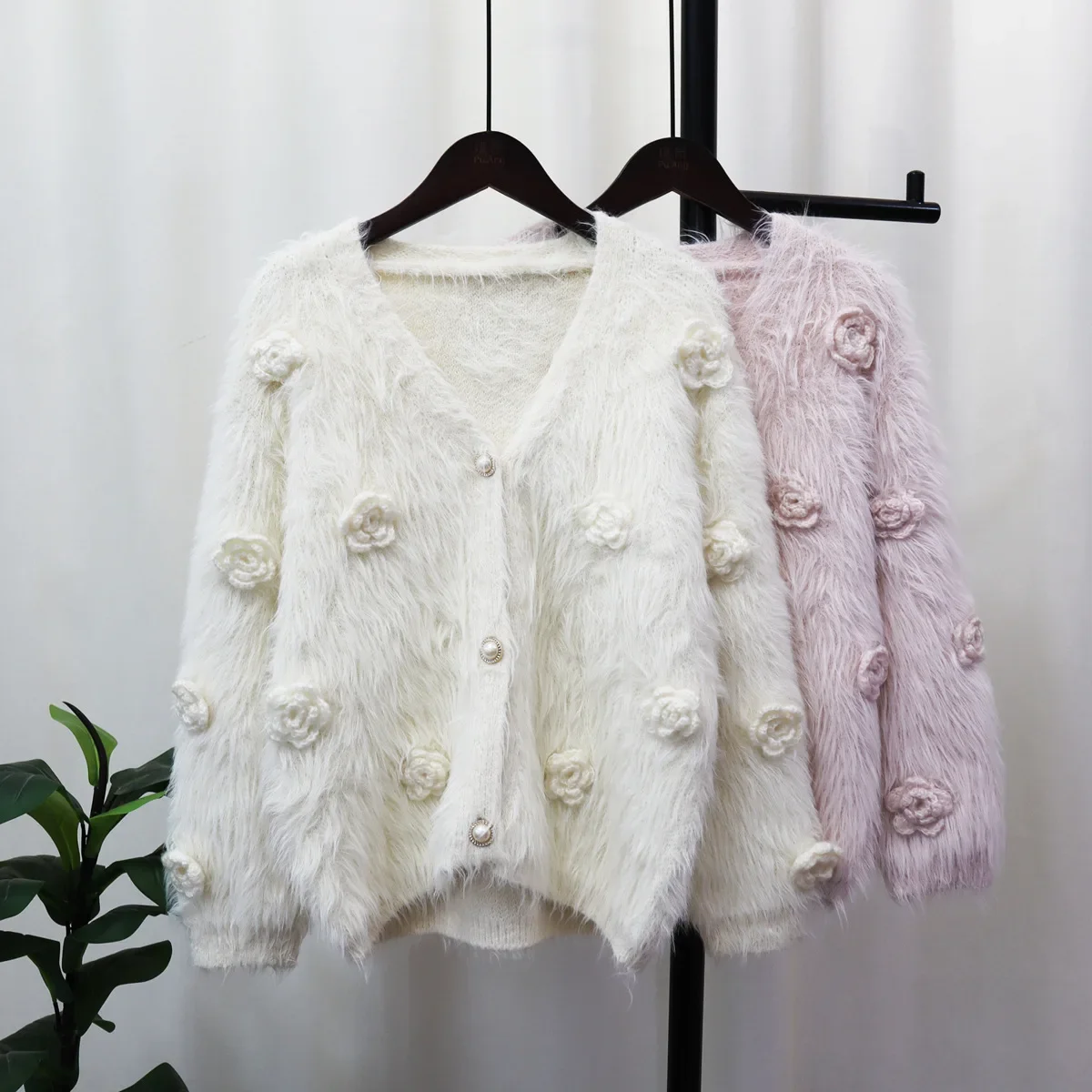 Fur Button Long Sleeve Cardigan Fluffy Top Floral Autumn Winter 2023 Pink Knitted Sweaters Women Spring Tops Jumpers Pullovers