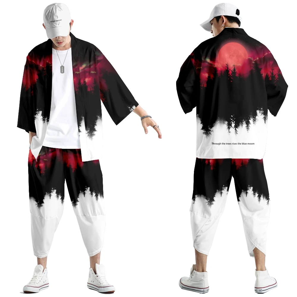 

Japanese Traditional Clothing Forest Moon Print Kimono Pants Men Asian Fashion Tang Suit Harajuku Hanfu Yukata Jacket