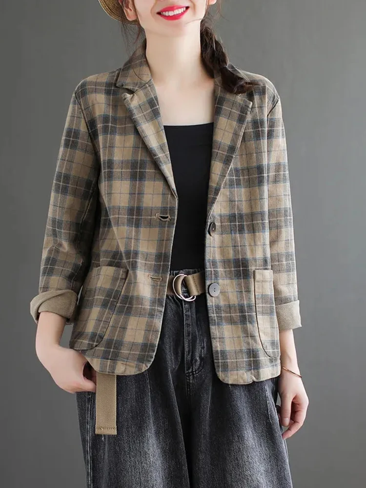 

Jmprs Spring Cotton Line Women Blazers Fashion Plaid Single Breasted Coats Slim Casual Office Ladies All Match Jacket