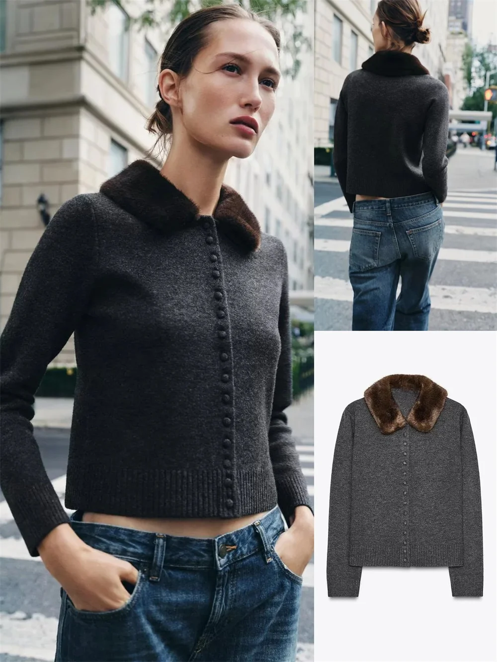 

Faionable Knitted Artificial Fur Effect Coat New Autumn Women's High-End Feel Collar Stand up Cardigan ort Sve Pure Color