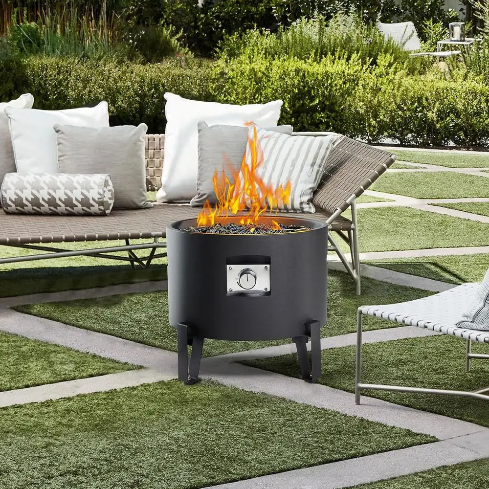 

Portable Propane ire Pit or Camping RV 50,000 Round 15'' H x 16'' W Portable Gas irt W/Lid, Glass Rocks & Weather Resistant or O