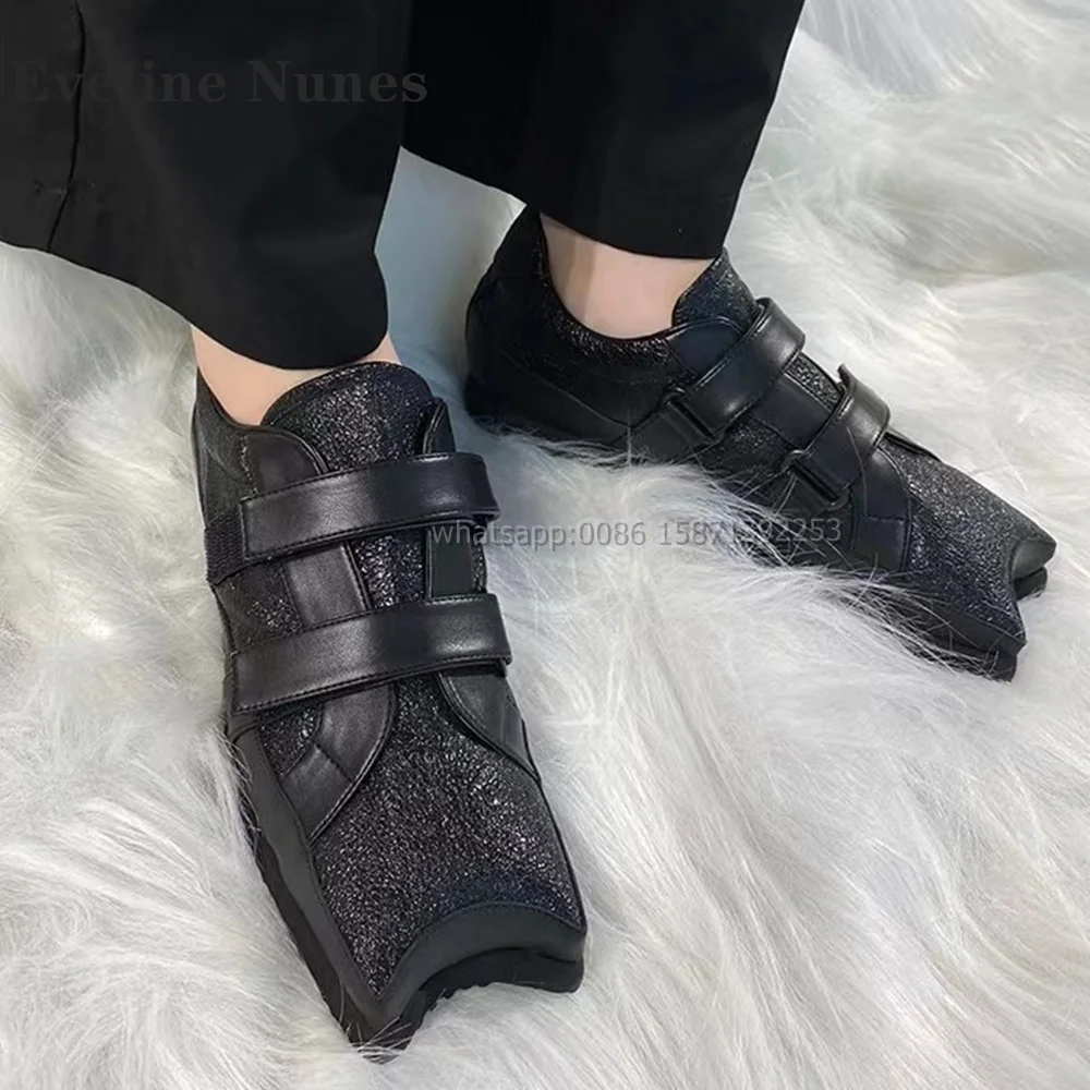 

Hook and Loop Black Pumps Square Toe Flat with Solid Patchwork Belt Buckle Casual Shoes Retro Casual Luxury Shoes 2024 Newest