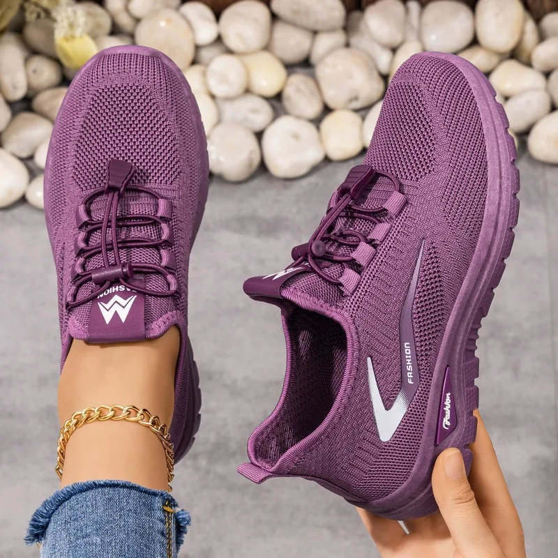 

Women's Lightweight Casual Sneakers Purple Mesh Breathable Running Shoes Elastic Lace-up Non-slip Walking Footwear for Sports