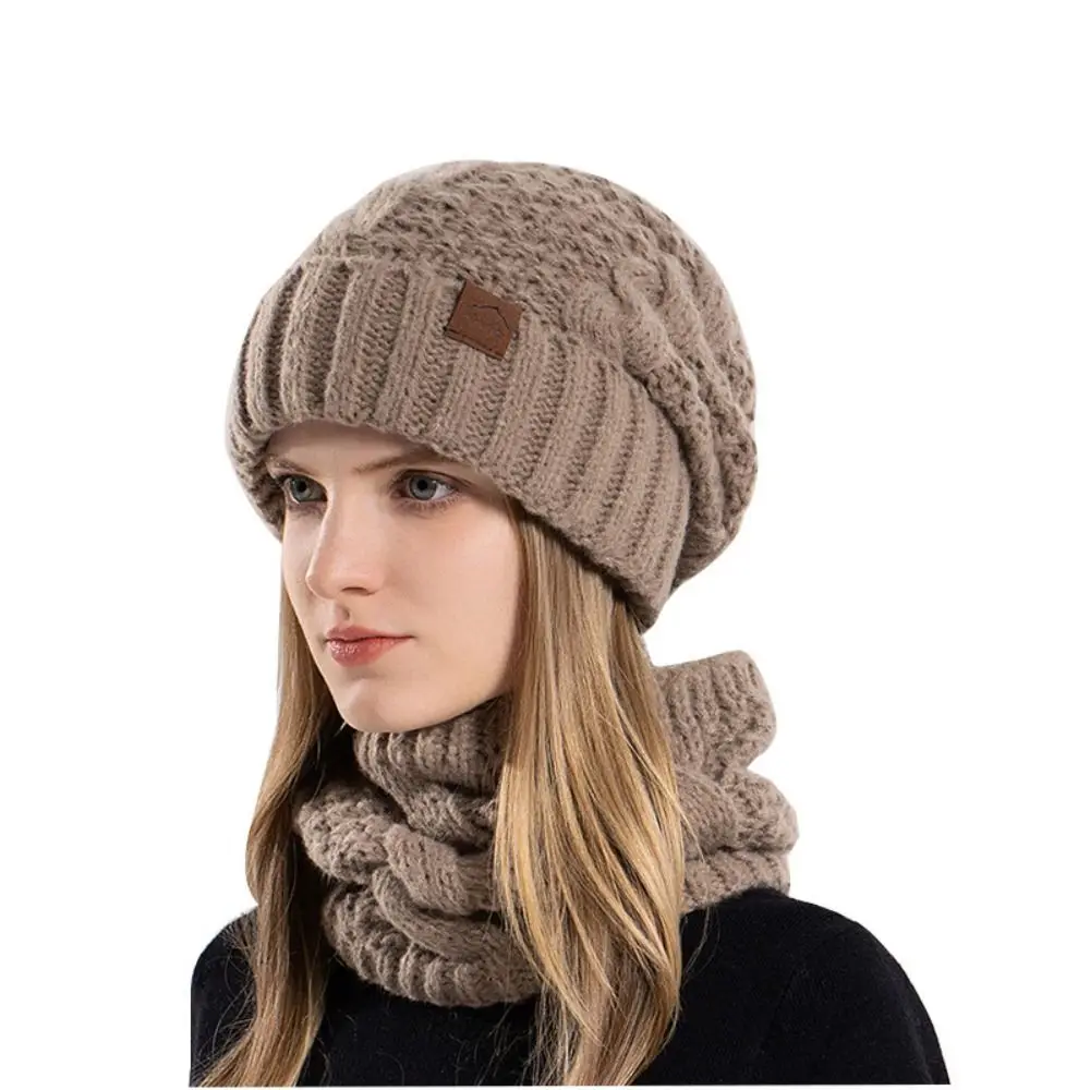 Gorro de invierno suave, conjunto de bufanda, gorro de punto térmico grueso con forro polar, calentador de cuello de diseño elegante, gorro de lana cálido para esquiar