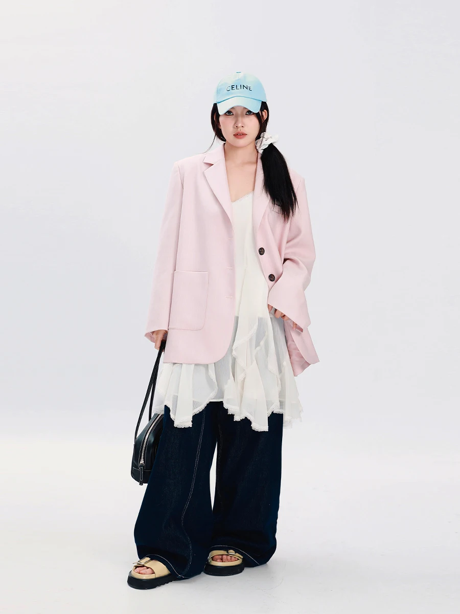 

JINGU een Label Premium Loose Fit Single Button Notch Lapel Long Sve Women's Suit Jaet Ele Casual Outerwear