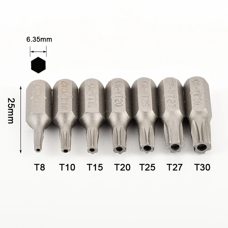 7 個トルクスドライバービット穴 1/4 "六角シャンク T8 T10 T15 T20 T25 T27 T30 セキュリティ電気ドライバービットセット