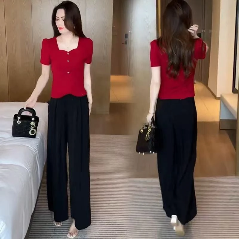 

Fashionable Slim Fit Short Sleeve Women's T-Shirt Square Collar Design High-End Feeling Summer New Style Neck Top