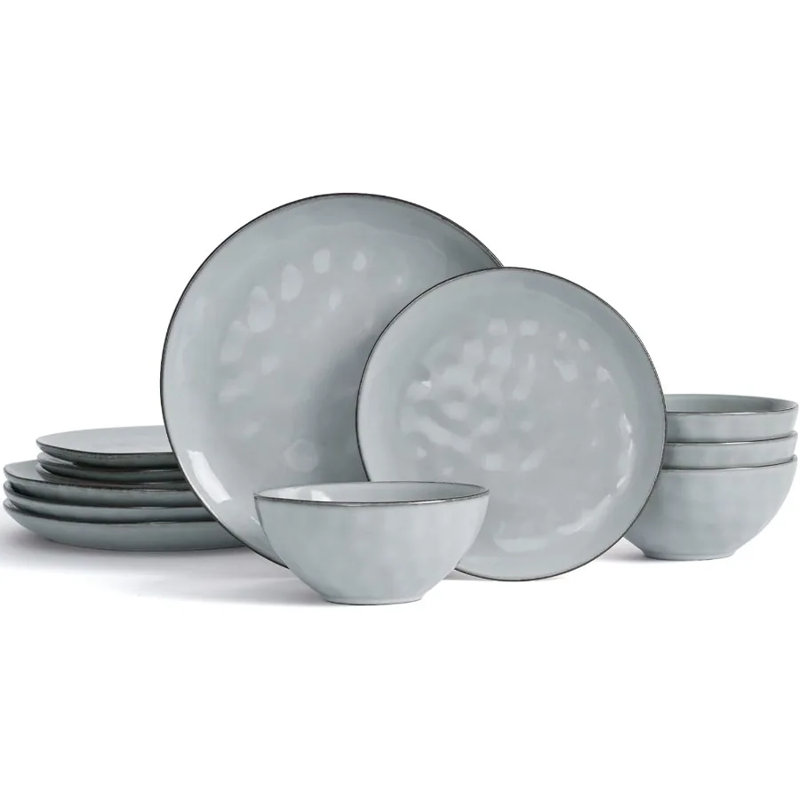 

Dinnerware Sets for 4 Ocean Round 12Piece Kitchen Plates and Bowls Sets Reactive Glaze Microwave and Dishwasher Safe Scratch Re