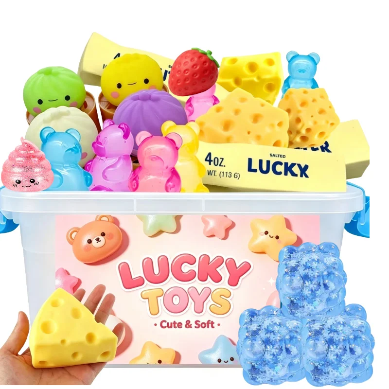 100+ Glücks-Squishies, zufällige Auswahl: Käse-Quetschspielzeuge, Dampfbrötchen und Knödel, langes Butterbrot, Bären-Squishy-Spielzeuge