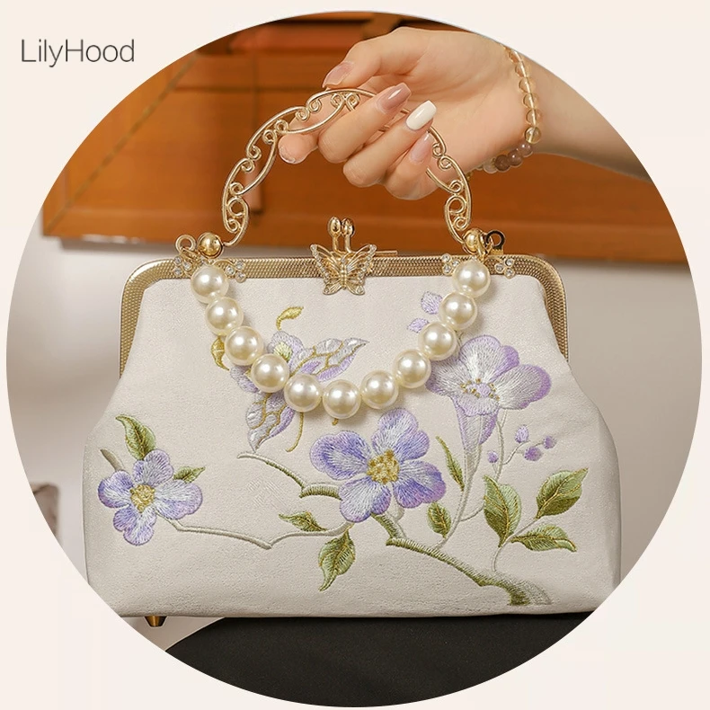 Women Vintage Floral Embroidery Kisslock Handbag 2025 Retro Chic Evening Pearl Chain Medium Size Diamonds Designer Shoulder Bag