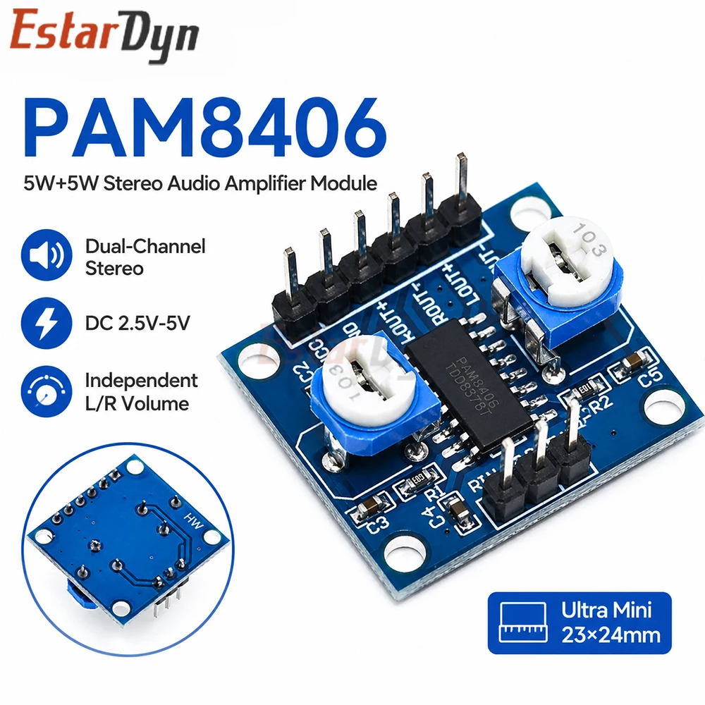 

Estardyn PAM8406 5W+5W Class D Stereo Audio Amplifier Board Module DC 2.5V-5V Volume Control for DIY Speaker Sound Box