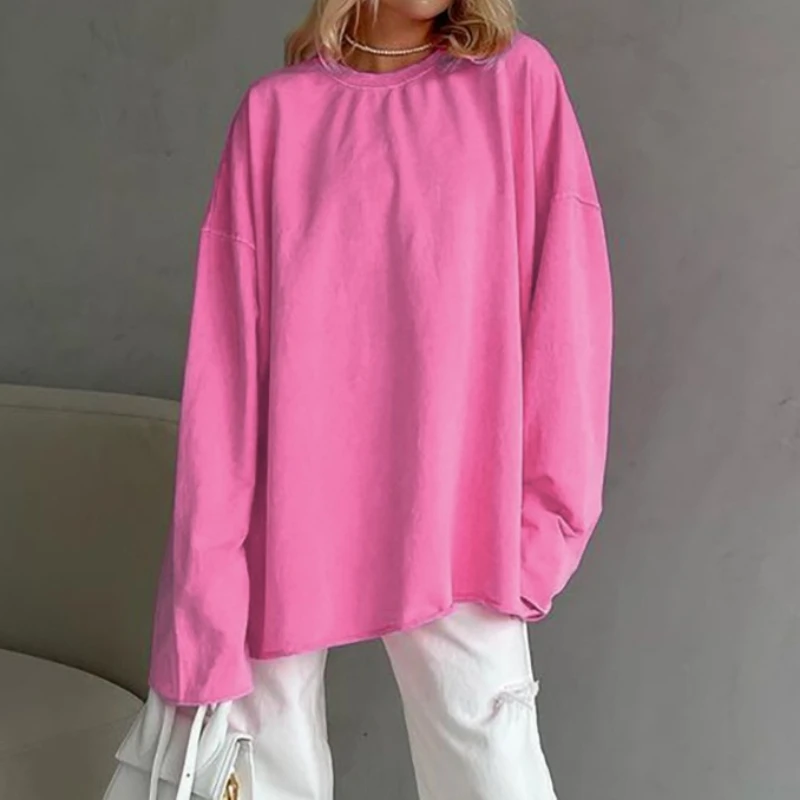 Rosa Baumwolle 100% T-Shirts Streetwear Rundhals Langarm Casual Pullover Tops Damen Herbst Dünne T-Shirts Lady
