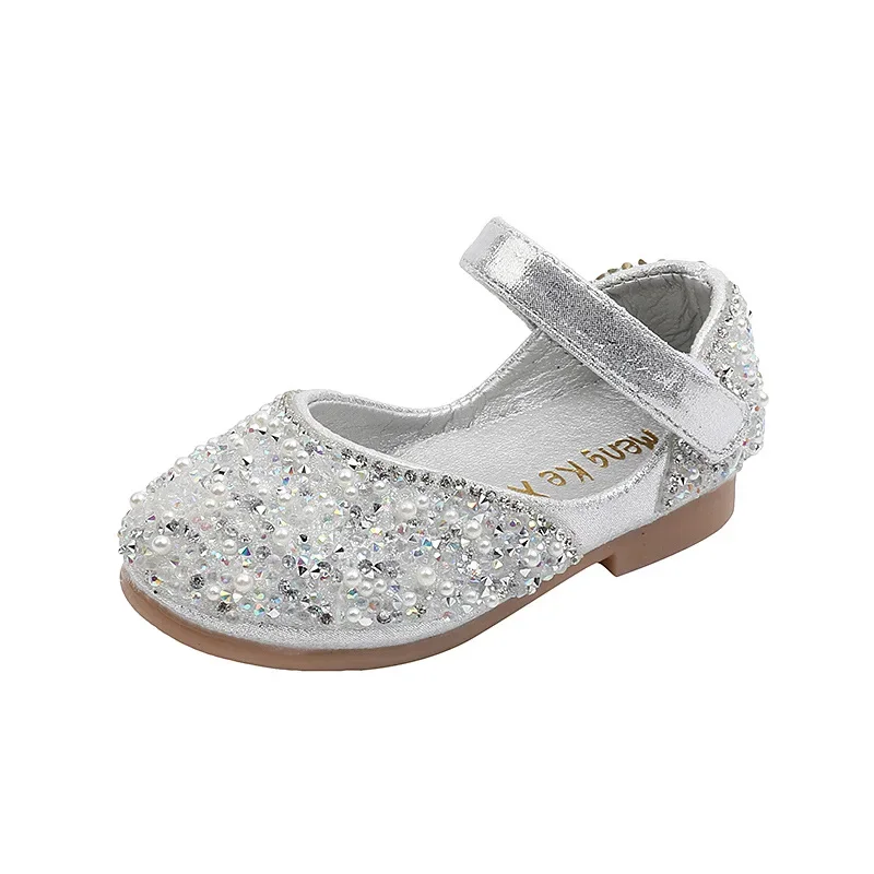 Scarpe da ragazza in pelle con strass autunno 2022 scarpe da principessa con fiocco di perle primaverili morbide per bambini scarpe singole per