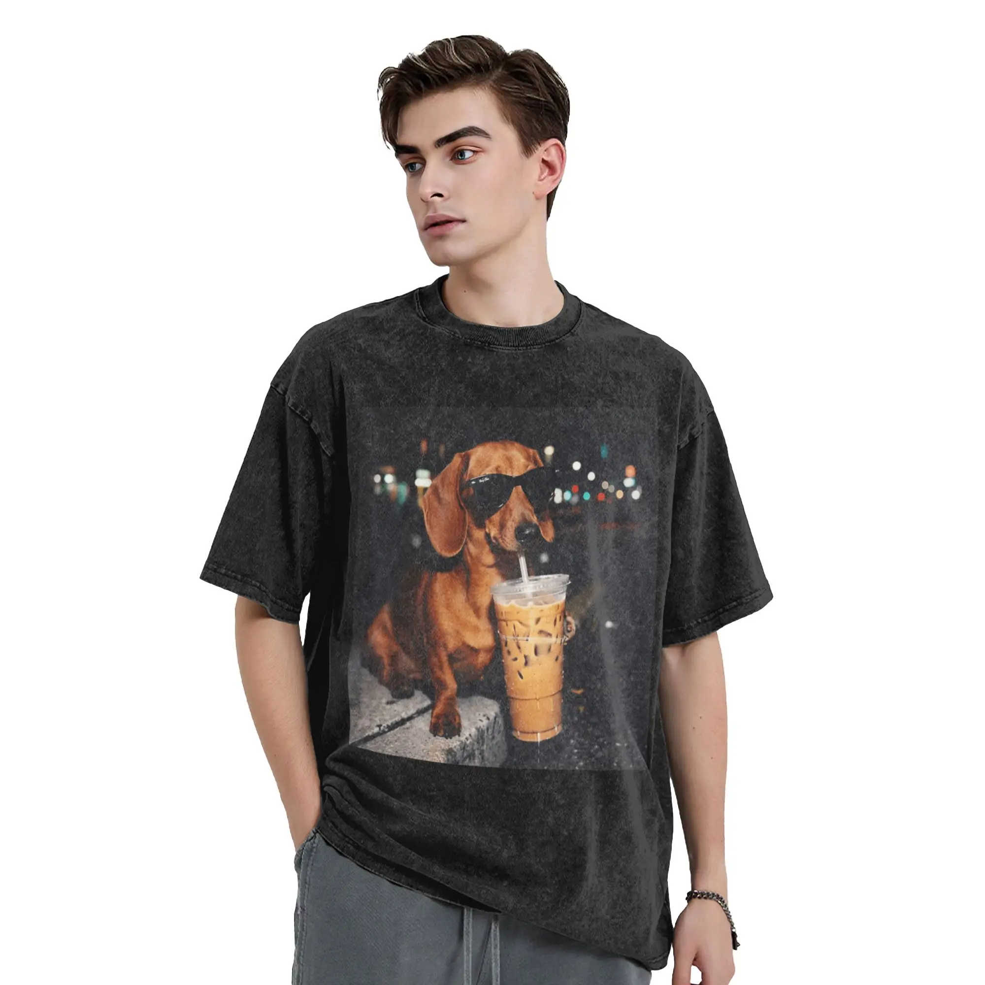 Funny Dachshund Drinking Iced Coffee Lover Humor T Shirt  Trending T-Shirts Short-Sleeve Crewneck Oversize Clothing