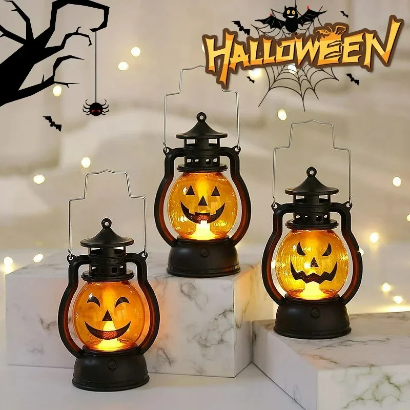 LED Halloween Pumpkin Lantern Handheld Retro Kerosene Desk Lamp Used for Halloween Horror Atmosphere Decoration Lamp