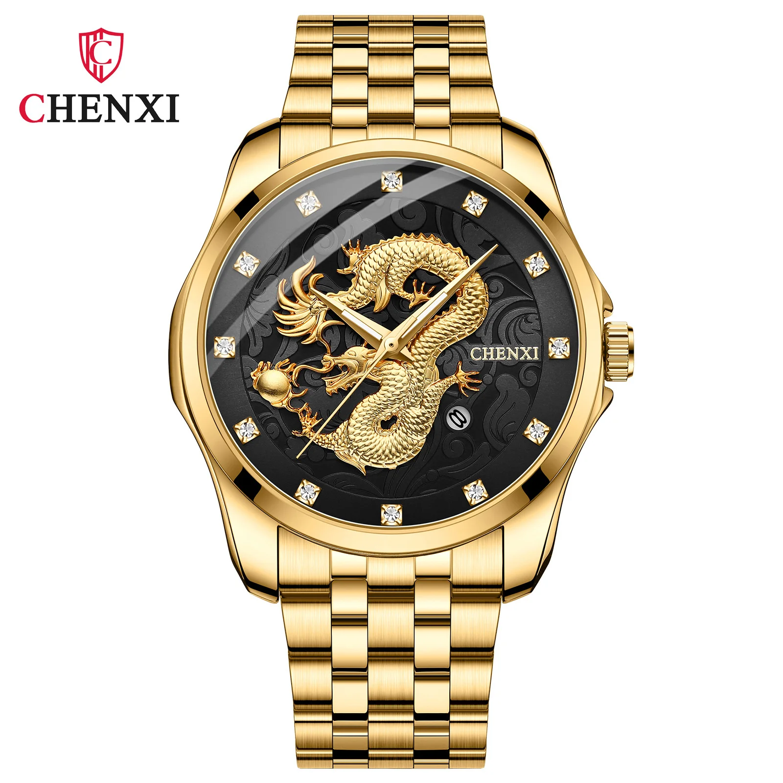 

Fashion Chenxi Top Brand 8220 Dragon Totem Embossed Calendar Waterproof Men's Chinese Style Full Stainless Steel Wrist Watches