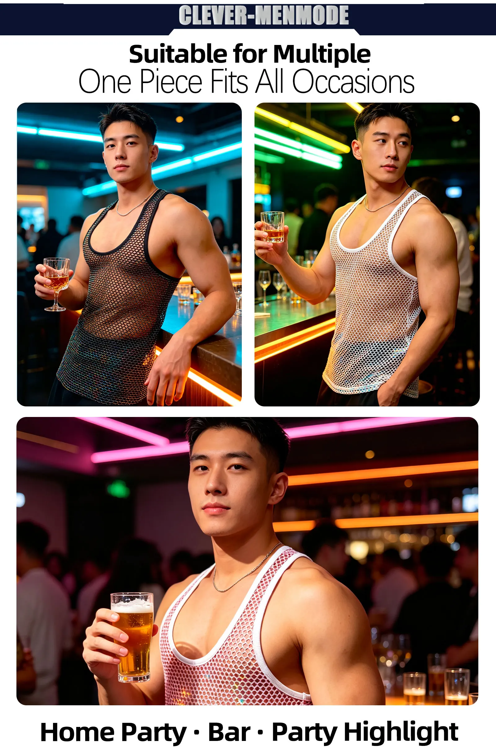 Mesh-Fischnetz-Tanktop für Herren, Racerback, ärmelloses Metallic-Shiny-Shirt für den Sommer, Sport-Muskelweste, transparent, für den Alltag, Partys und Streetwear – Detail 6