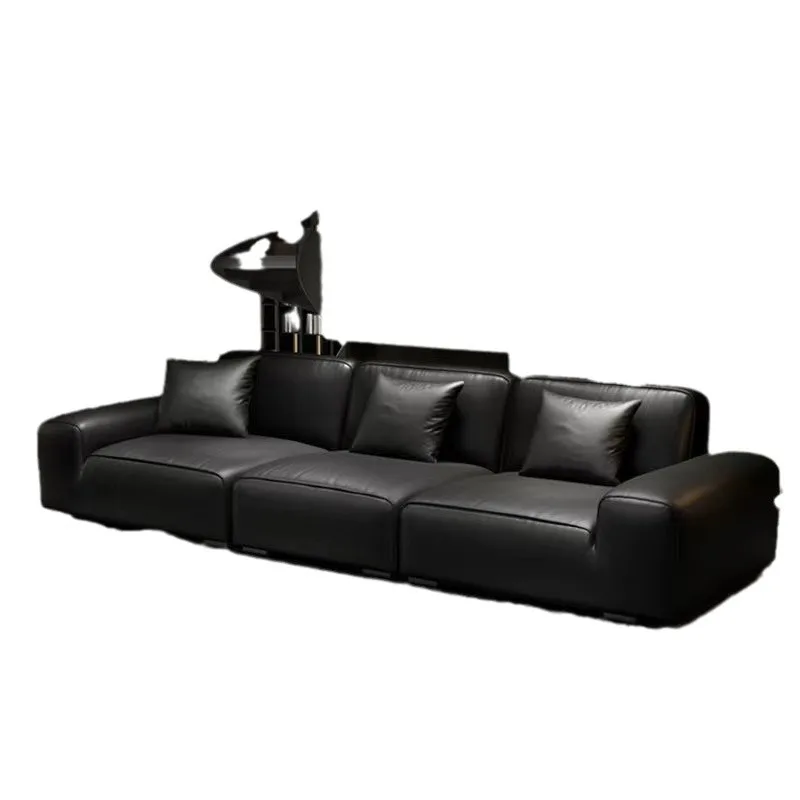 

New big black cow sofa Internet celebrity Italian minimalist, modern, home living room, leather tofu blocks straight row