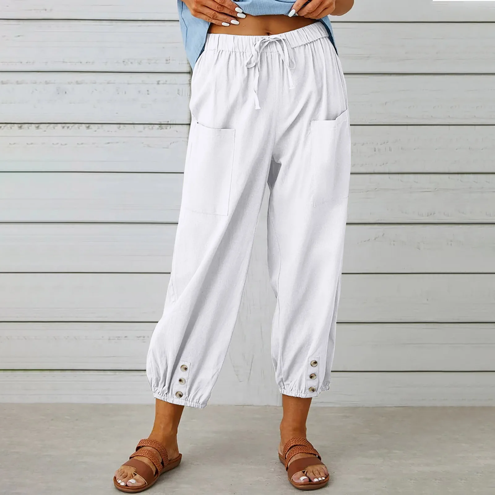 Solid Color Wide Leg Lady Spring Pants Elastic Waist Drawstring Patch Pockets Women Trousers Loose Casual Breathable Ninth Pants