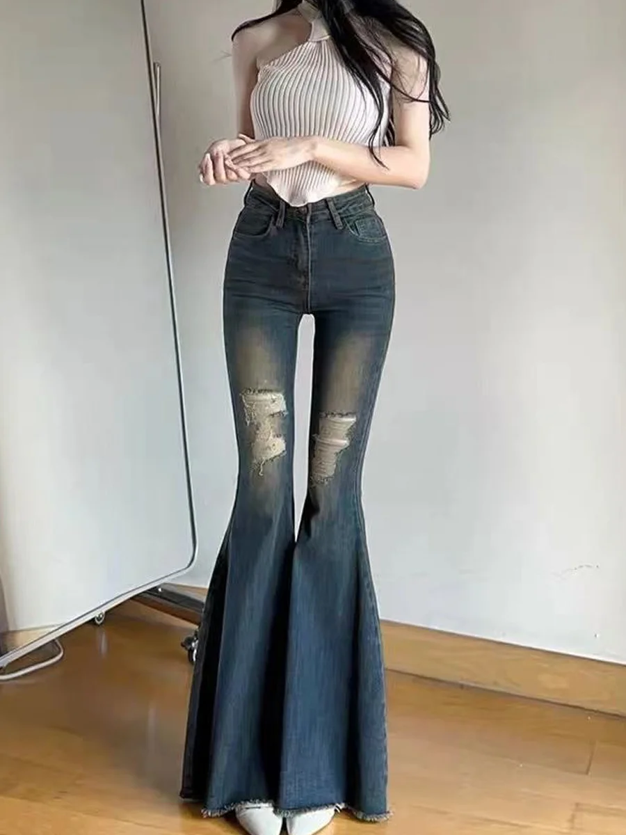Retro Blue Hole Large Flared Elastic Denim Jeans Women's New Autumn Slim High Waist Spicy Girl Long Pants High Waist Jeans