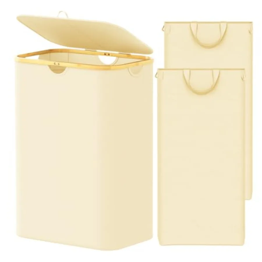 

Двухсекционная корзина для белья Doube с идентификационными карманами и съемными мешками для белья, корзина для одежды с бамбуковыми ручками, большая складная корзина для белья