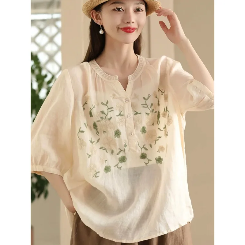 

2025 Summer Vintage Embroidered Ramie Shirt Women's Medium Sleeve Pullover Top Loose Casual Embroidered Shirt Blusa