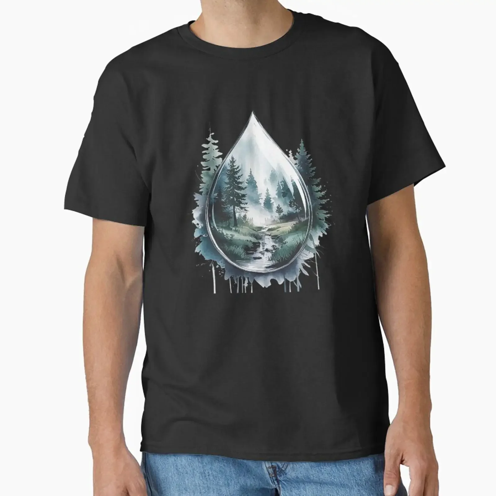Forest Landscape Water Drop Art with Misty Pines Classic T Shirt vintage Washed fashion Stretched Unisex Slightly Breathable