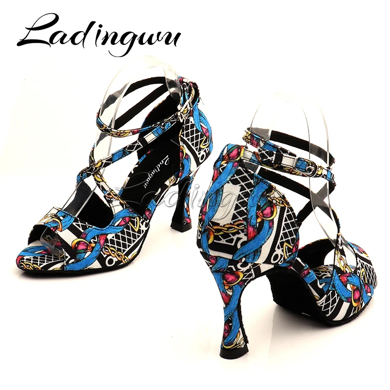 Ladingwu Salsa Jazz Ballroom Latin Dance Black Shoes For Dancing Women Social Strip High Heels Featured Graffiti Denim Sandals