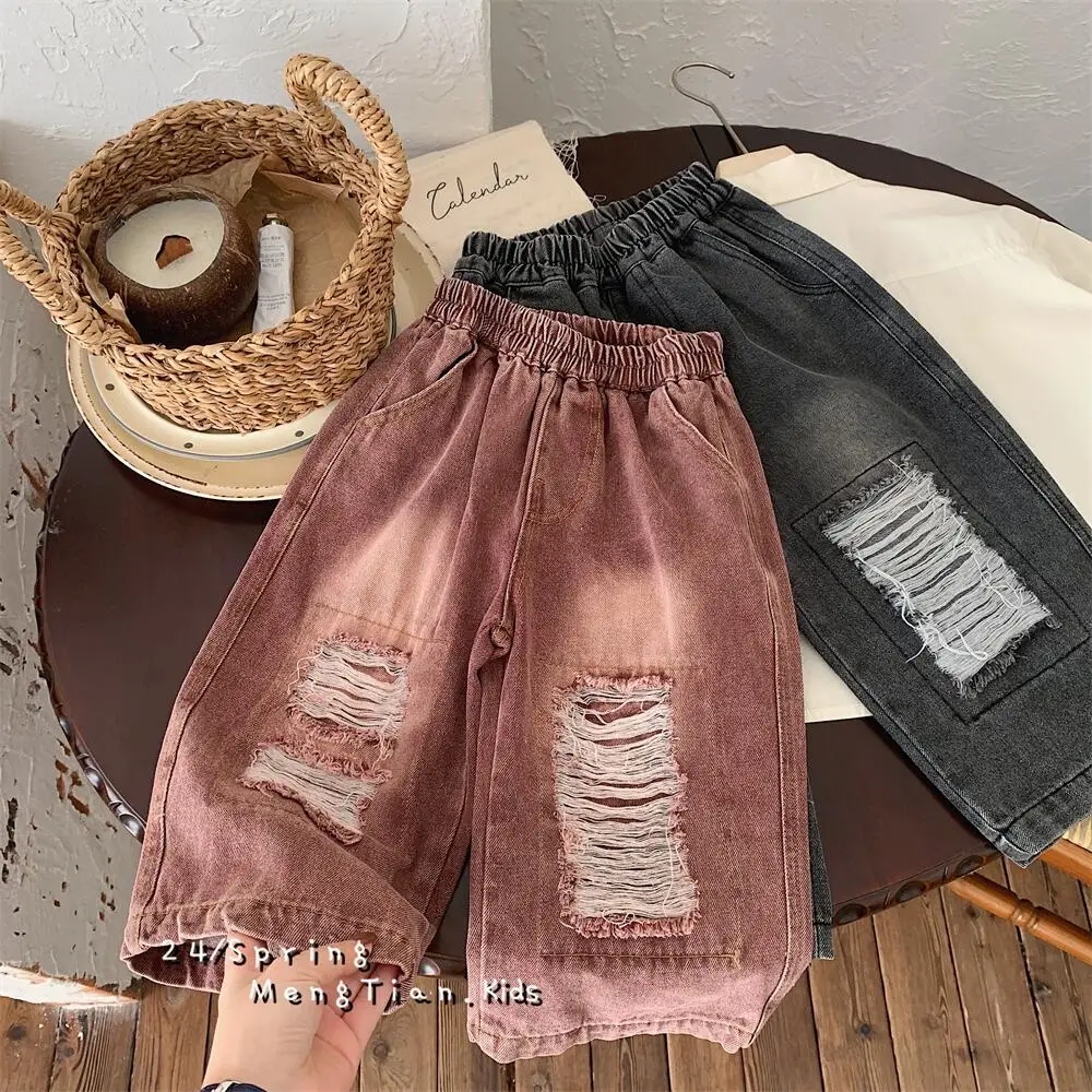 2024 Autumn boys and girls letters ripped jeans unisex children loose all-match straight denim pants