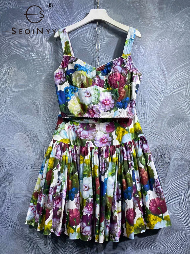 SEQINYY 100% Cotton Suit Summer Spring New Fashion Design Crop Top + Mini Skirt Vintage Flower Sicily Print High Quality