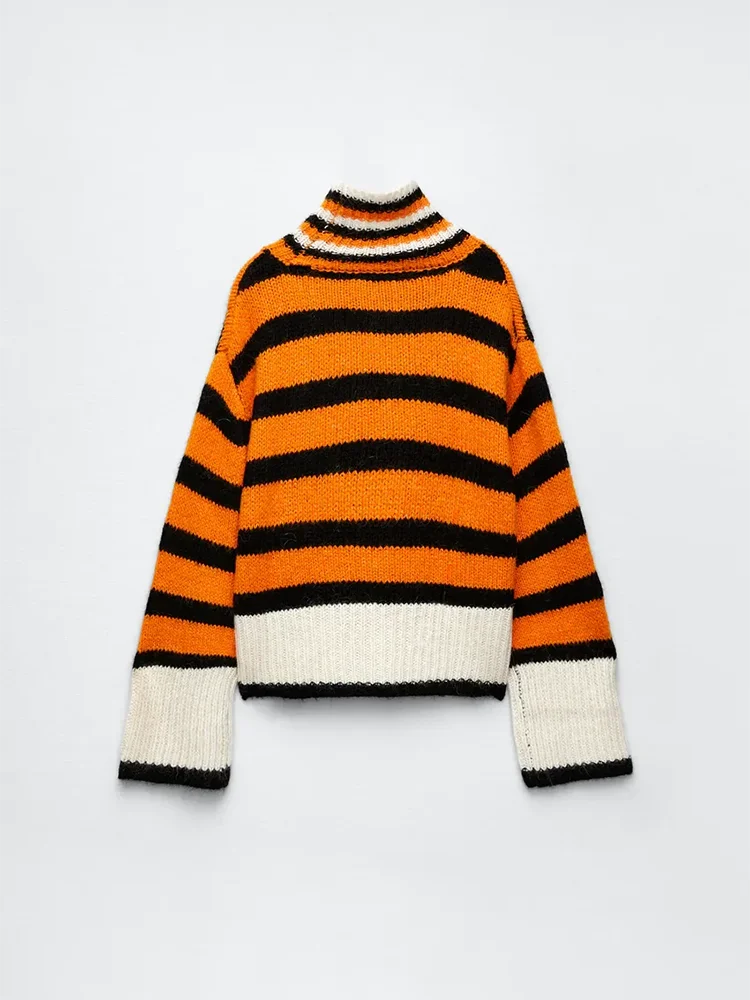 

2024 Autumn/Winter Euro-American Female Fashion Semi-Turtleneck Striped Sweater Pullover Sweater