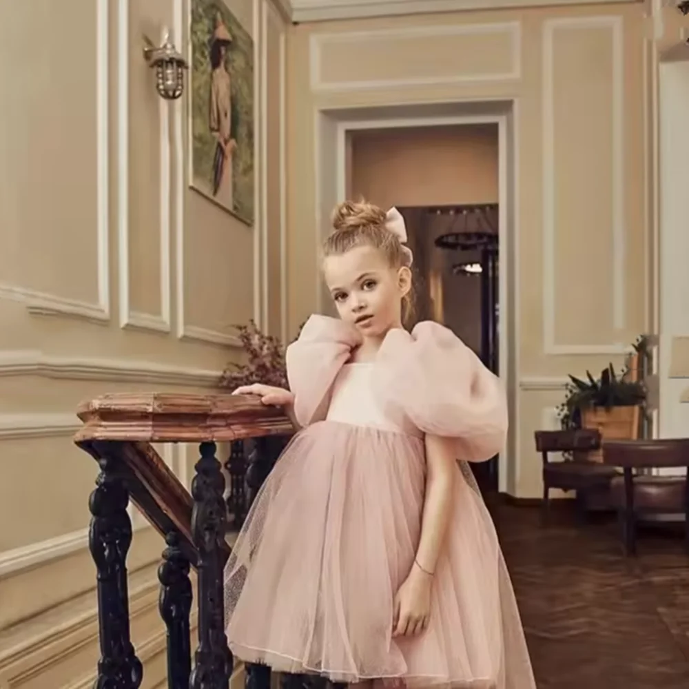 Customized Dusty Pink Flower Girl Dress Short Sleeves Tulle Shawl Wedding Dress  for Formal Events First Communion