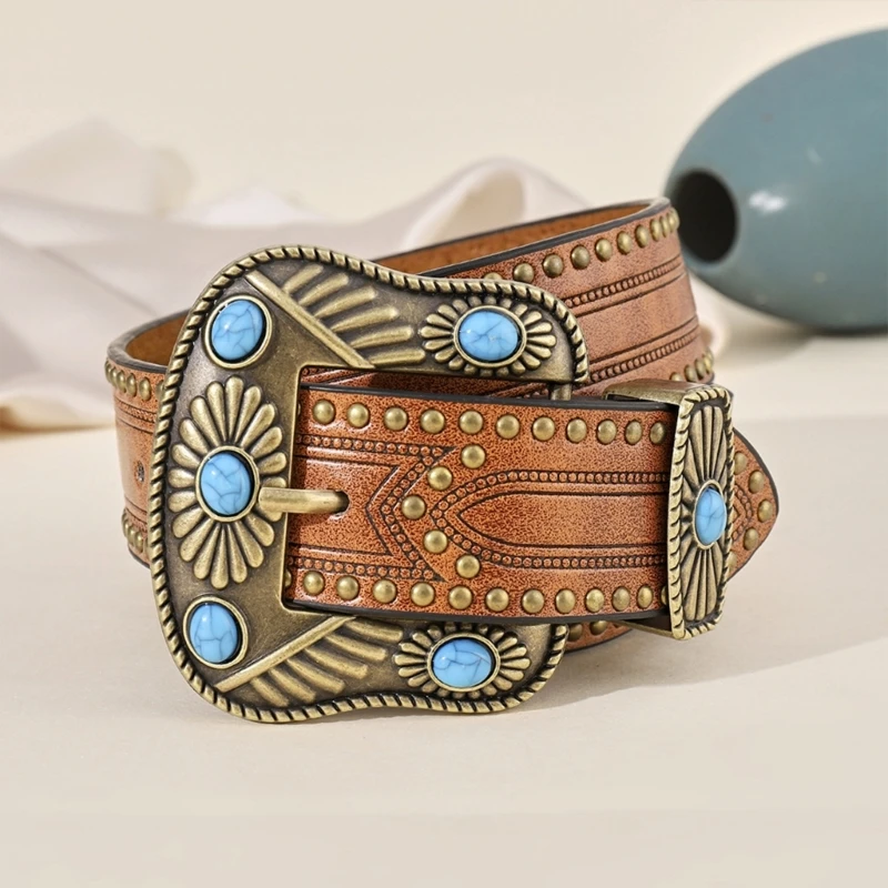 Ceinture de cowboy en cuir turquoise, ceinture de construction, ceinture occidentale vintage