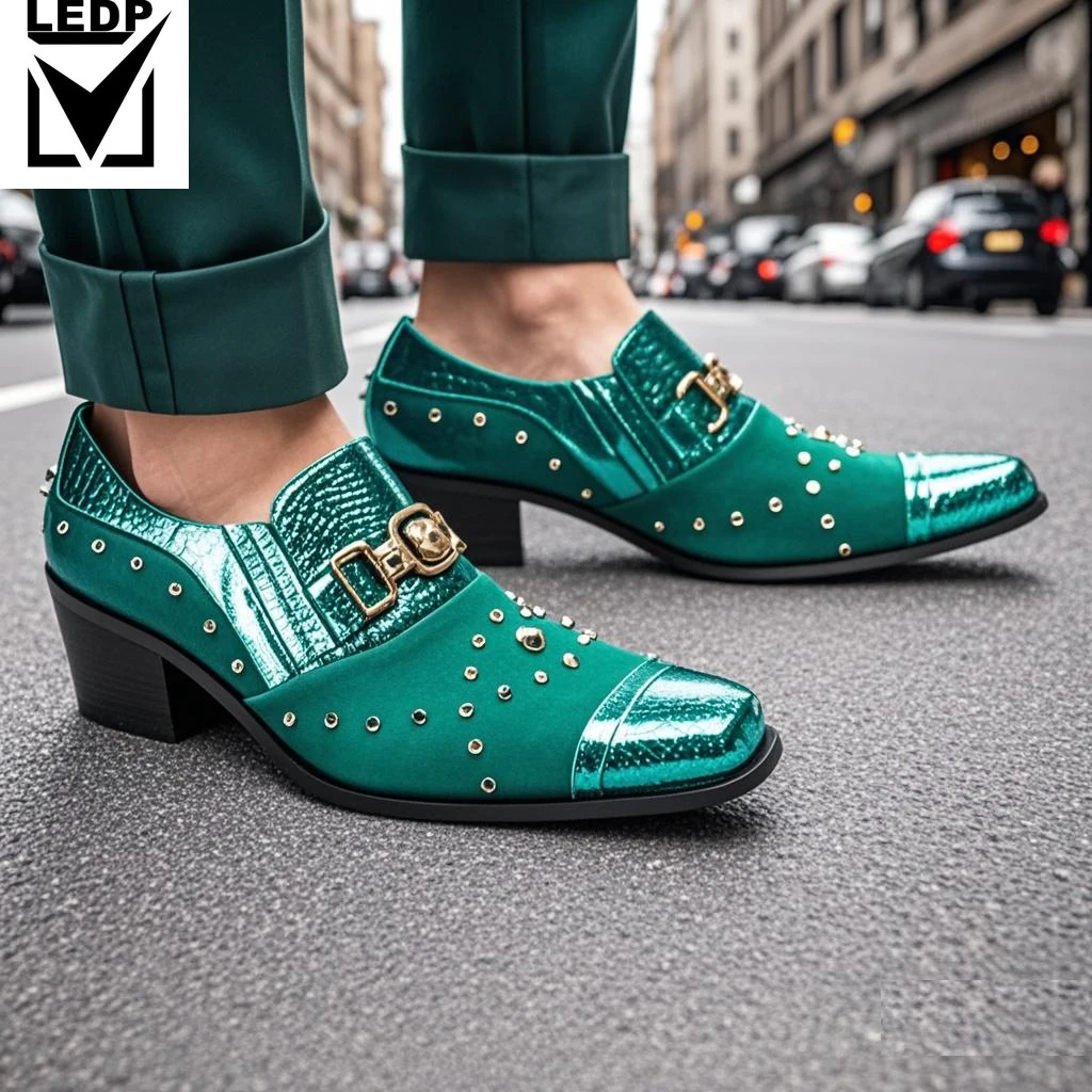 

COOGERLOVE Men's Shoes High-heeled Thick Heel Cowhide Square Toe Shoes Rivet Personality Customized Luxurious Party Niujin Shoes