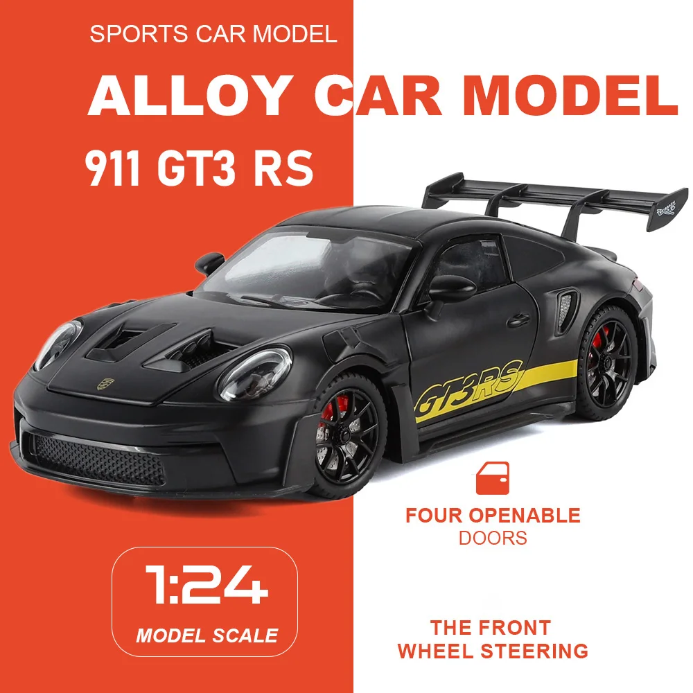 

1:24 911 GT3 RS TurboS Car Model Toy Doors Opened Sound Light Cars Pull Back Front Wheel Steer Vehicle for Kids Vocation Present
