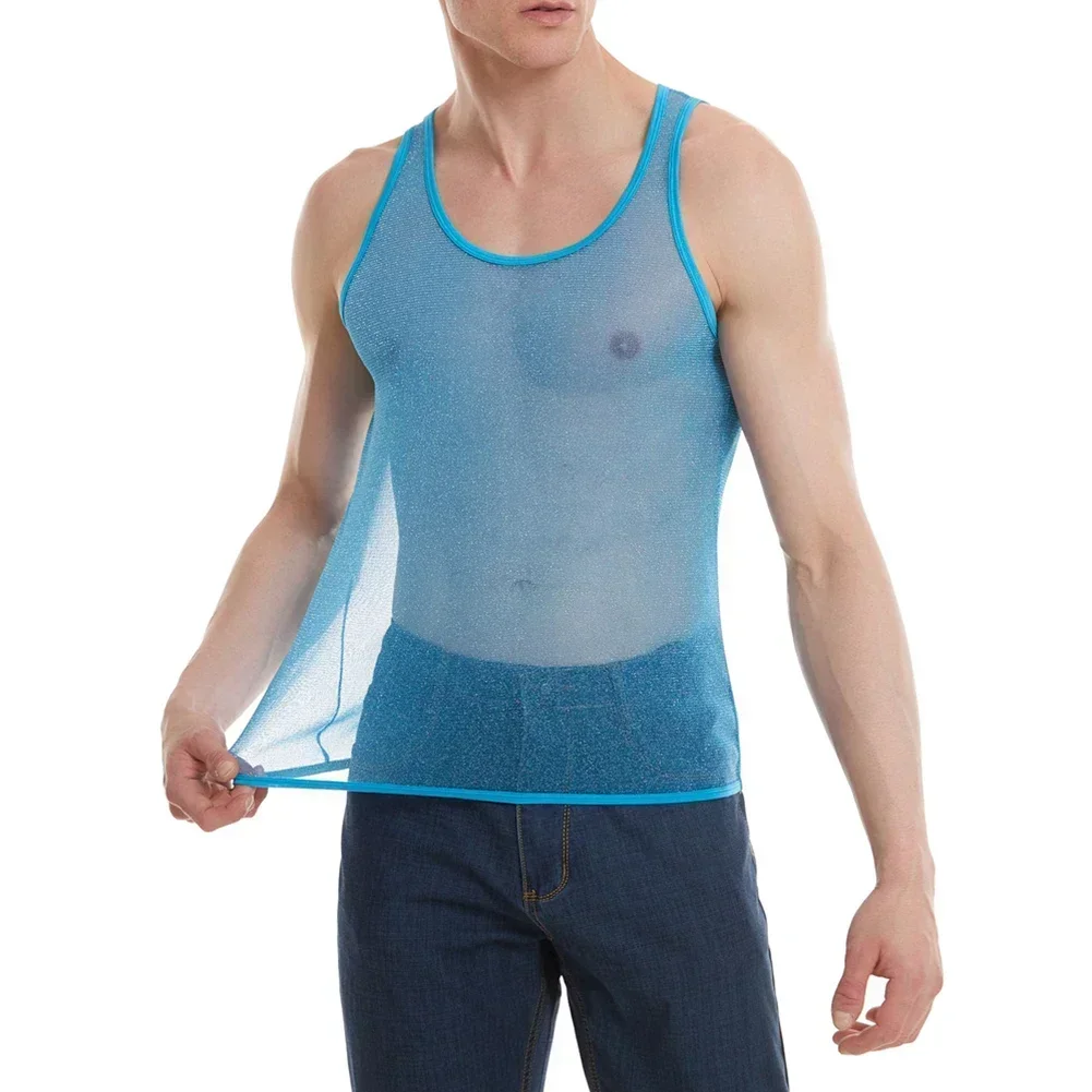 Fashion Man Mesh Transparent Shine Tank Vest For Men T-shirts Fitness Shirt Undershirt Muscle Sleeveless Vest Tanks Clothing