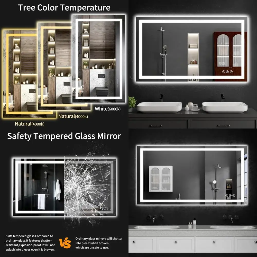 

48x32 Inch Dimmable LED Backlit Bathroom Mirror, Anti-Fog, Tempered Glass, Vanity or Wall Mount, Memory Function