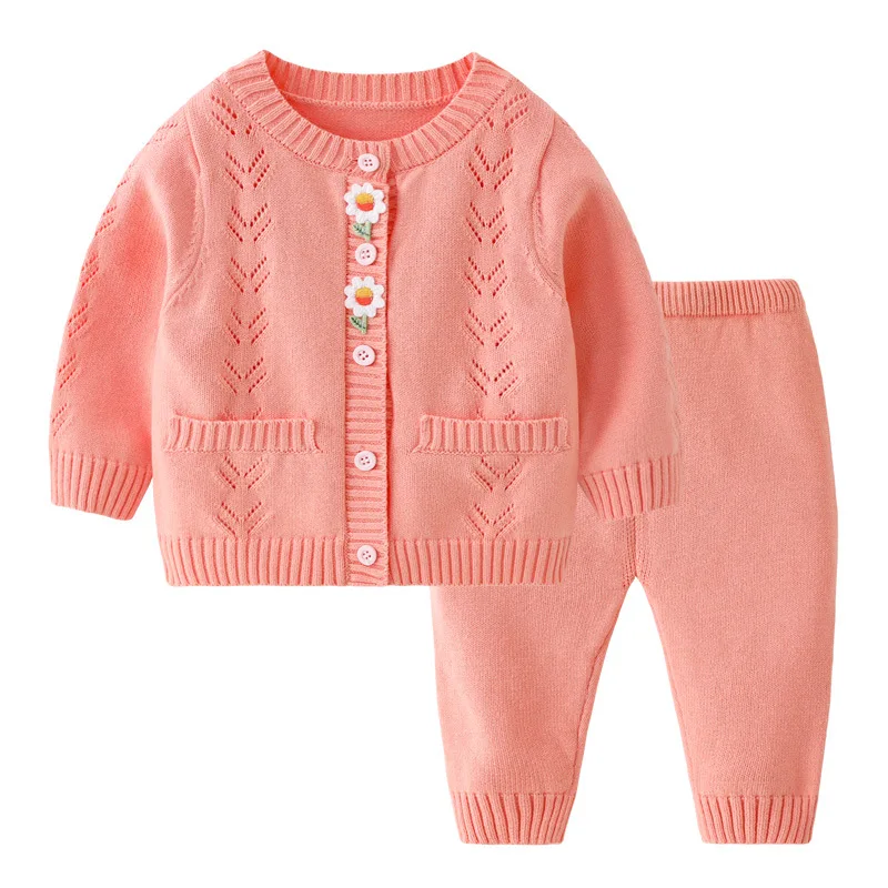 Newborn Baby Sweater Set Autumn Winter Round Neck Long Sleeved Knitted Cardigan Pants 2Piece Suit Girls Clothes