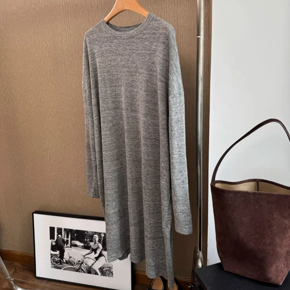 100% 린넨 니트 캐주얼 루즈 티셔츠 드레스
