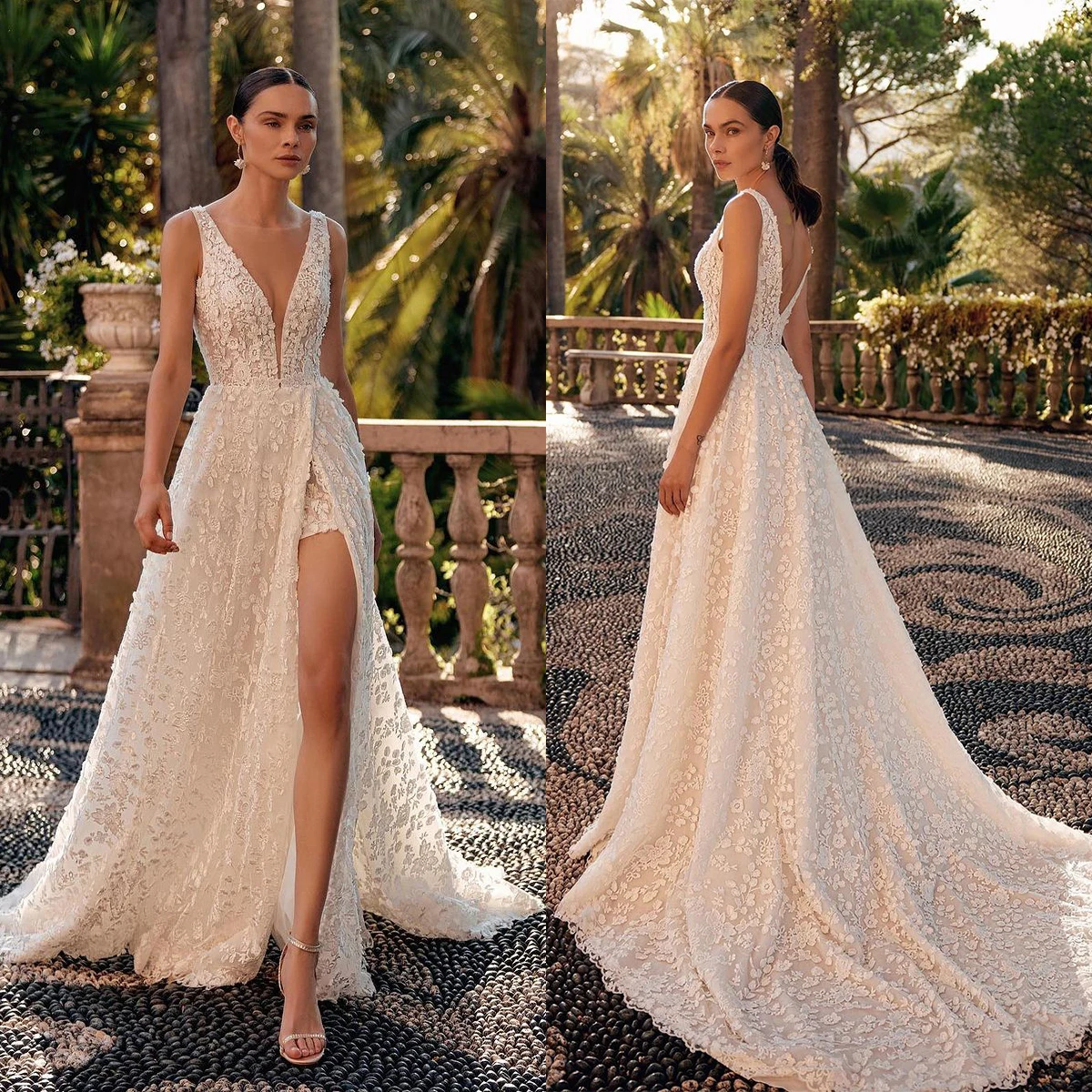 

Elegant A Line Wedding Dresses Lace Applique Spaghetti Straps Bridal Gown V Neck Backless Side Split Dress Vestido De Novia