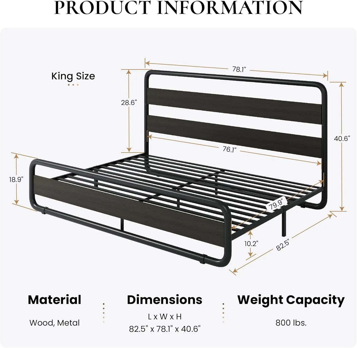 Rangka tempat tidur logam ukuran besar dengan sandaran kepala kayu dan kaki, rangka tempat tidur Platform tugas berat dengan penyimpanan di bawah tempat tidur 10"