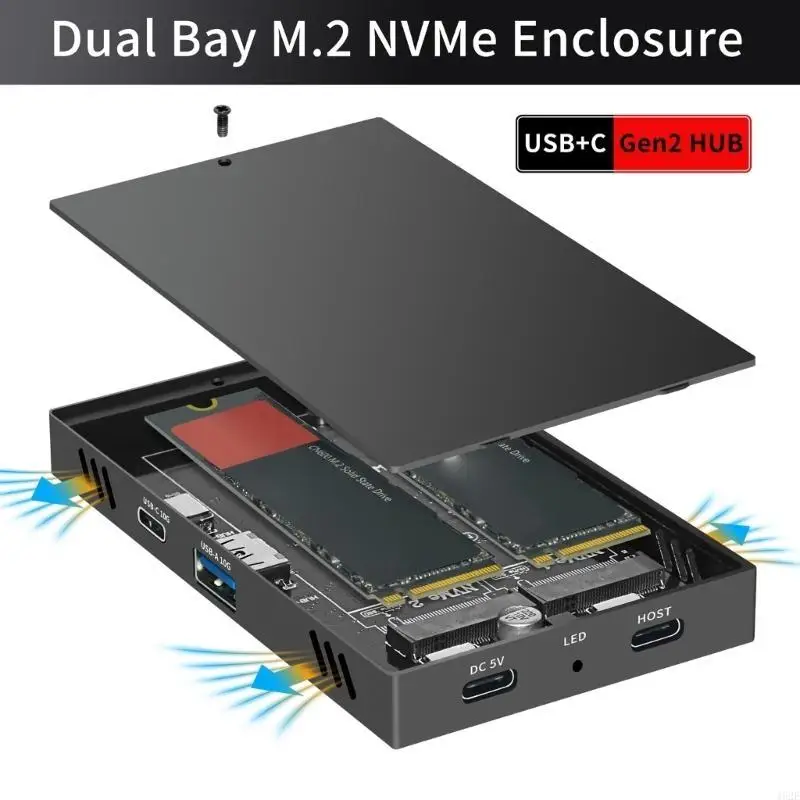 462E Double Bay M.2 NVMe SSD Enclosure USB 3.2 Gen2 Type C 10Gbps Support 2230/2242/2260/2280 Aluminum Enclosure Case