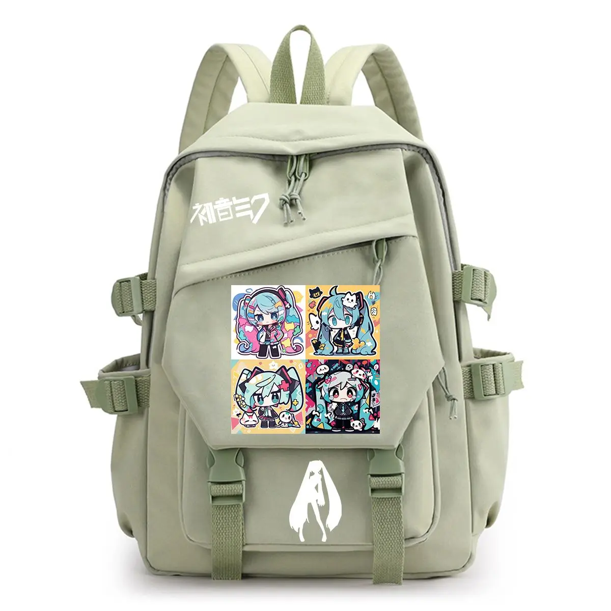 大人気アニメ初音ミクバックパック、漫画風学生用ブック・文房具収納バッグ、シンプルで大容量の多層バックパック